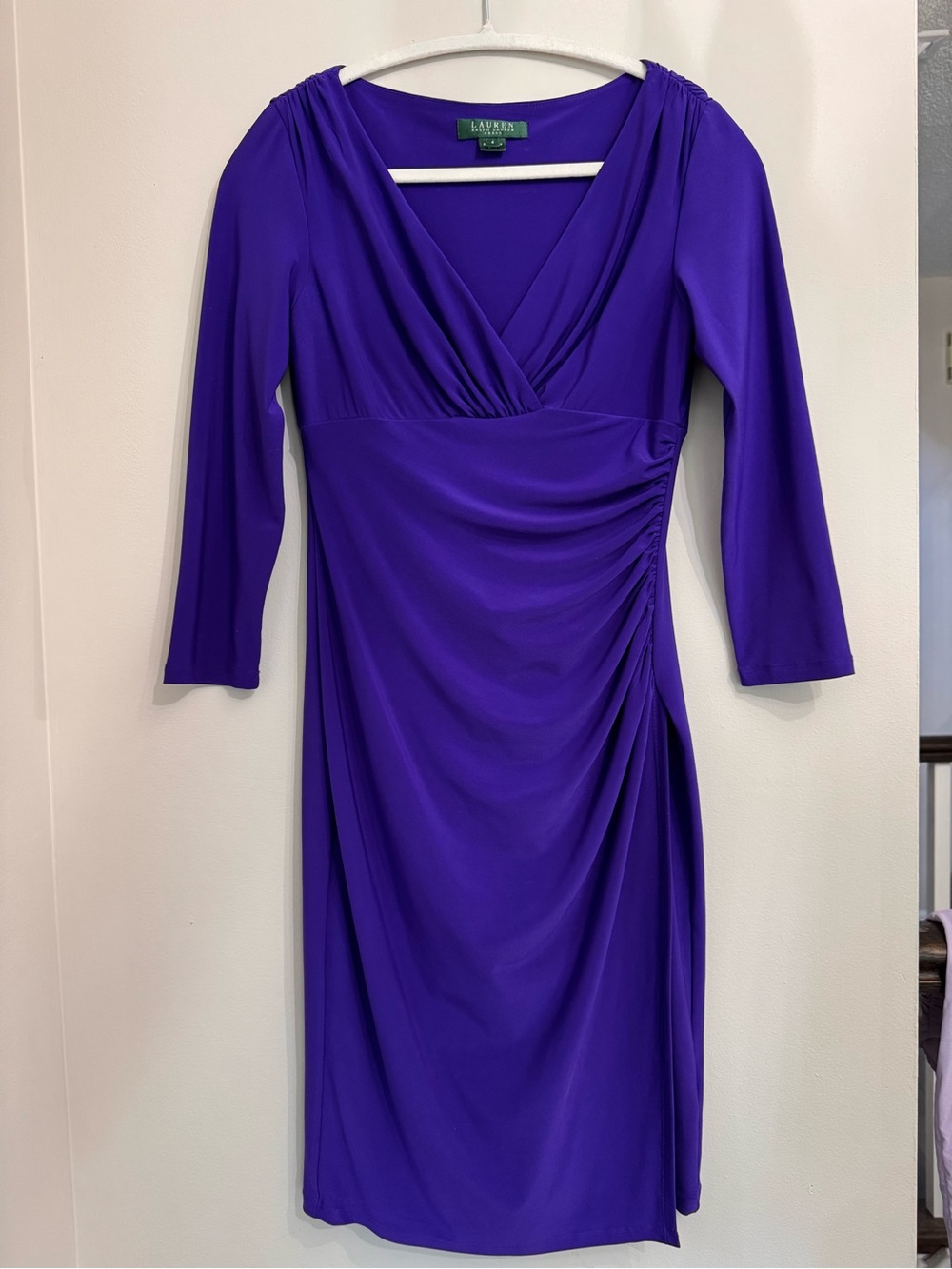 Lauren Ralph Lauren Purple Ruched Draped Wrap Dress – Long Sleeve